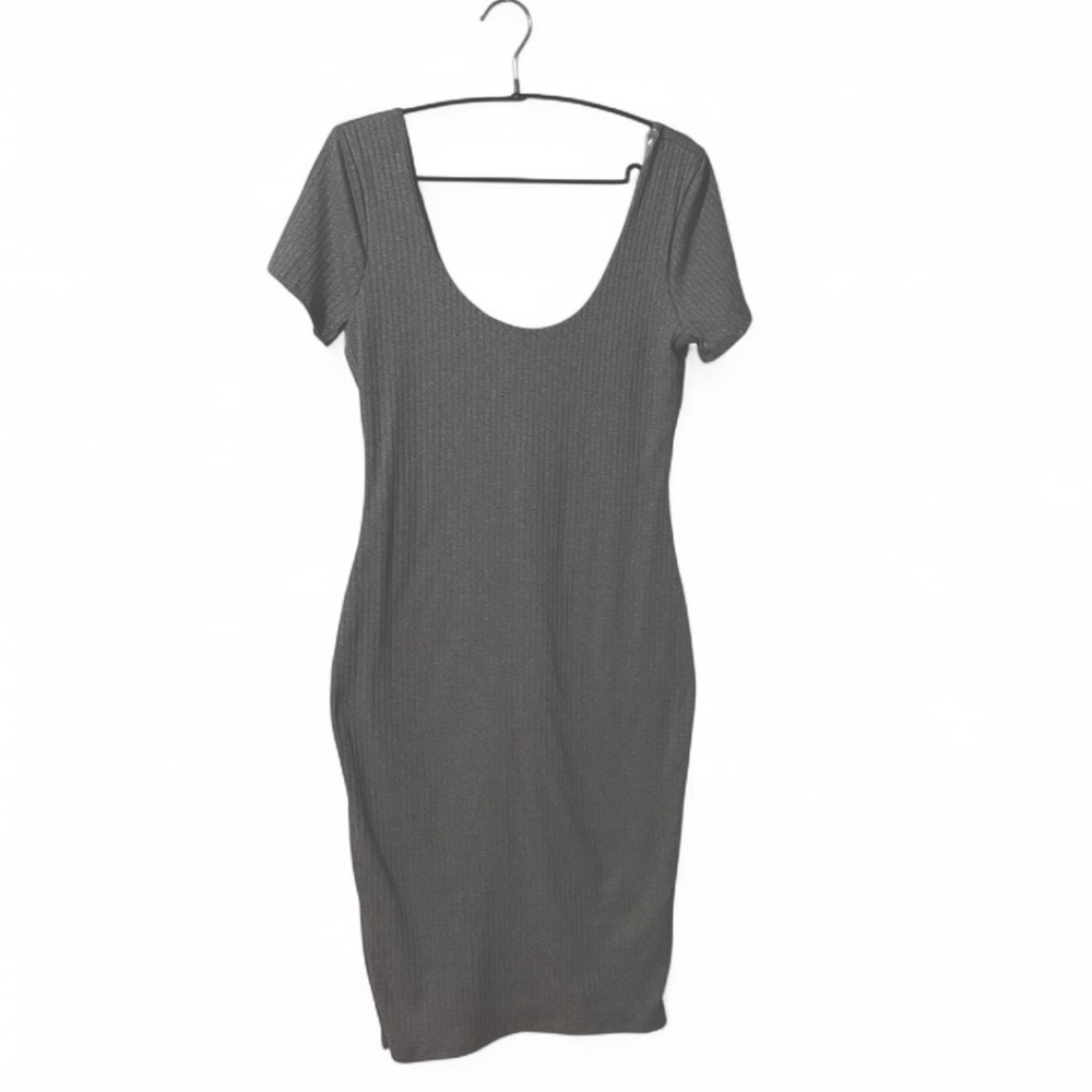 Heart Hips Ribbed Bodycon Dress Brown Scoop Neck Cotton Blend Size L